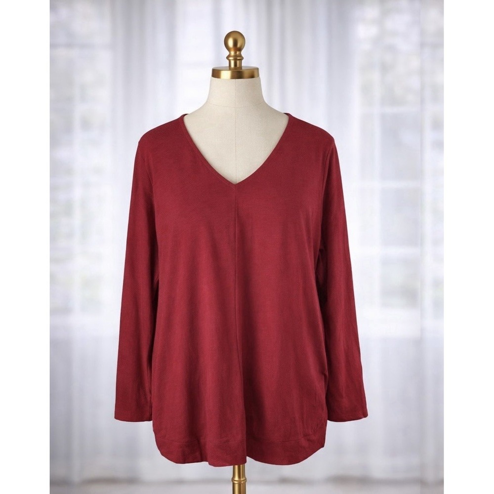 J Jill Red Knit Popover Topโ Tunic Cotton Stretch V-Neck Pockets Round Hem XL